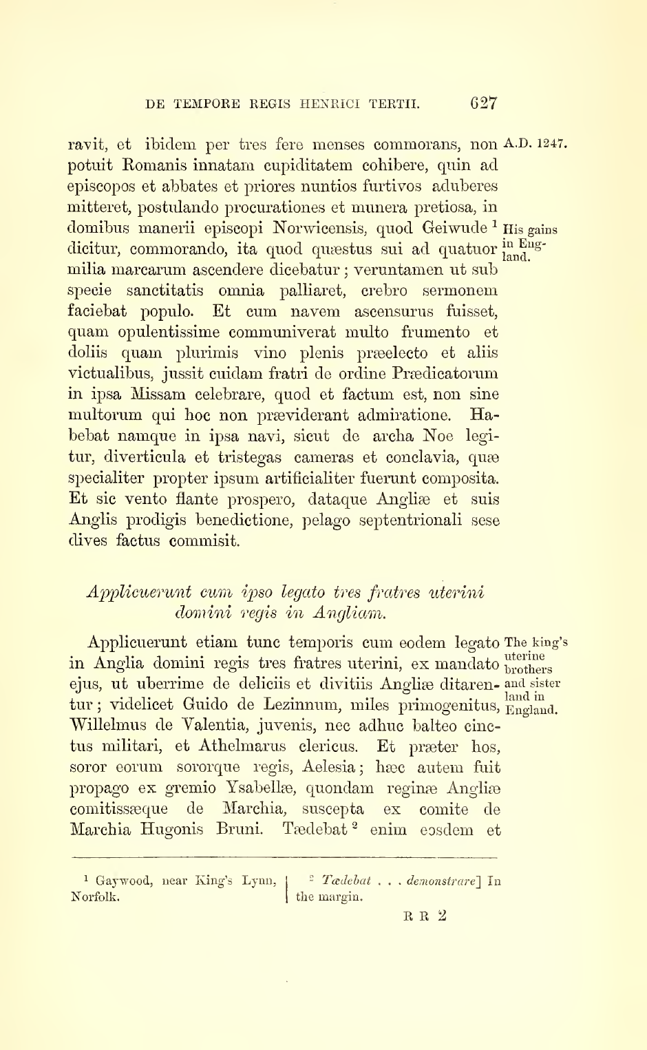 Scanned printed page 627 of Matthew Paris’s Chronica Majora. The lower passage names Aelesia as the king’s maternal sister and identifies Isabella and Hugh of Lusignan as her parents.