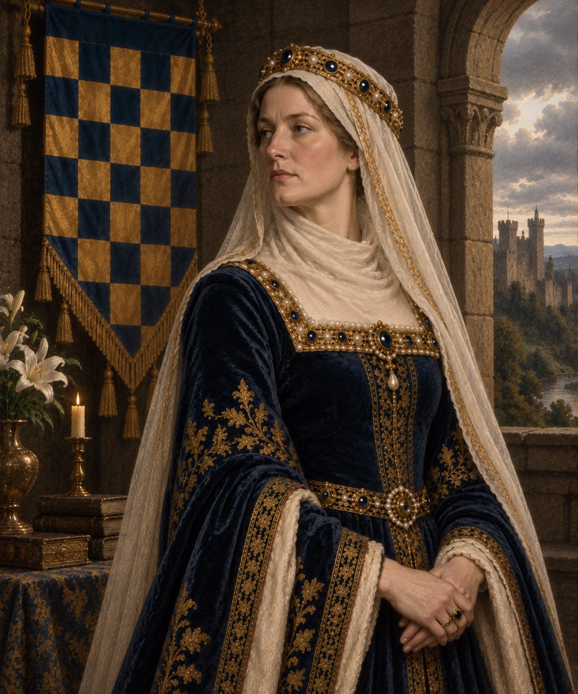 Portrait of Alice de Warenne, a medieval noblewoman in a deep blue velvet gown with gold embroidery and a jewelled circlet over a white wimple and veil. The de Warenne checkerboard banner — gold and blue — hangs behind her, with a castle visible through an archway.