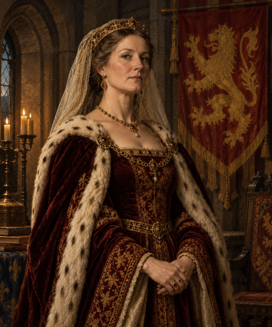 Portrait of Alice FitzAlan, a medieval noblewoman in a crimson brocade gown with fur-trimmed mantle and gold circlet. Behind her hangs a banner bearing the FitzAlan arms — a gold lion rampant on red — in a candlelit stone interior.