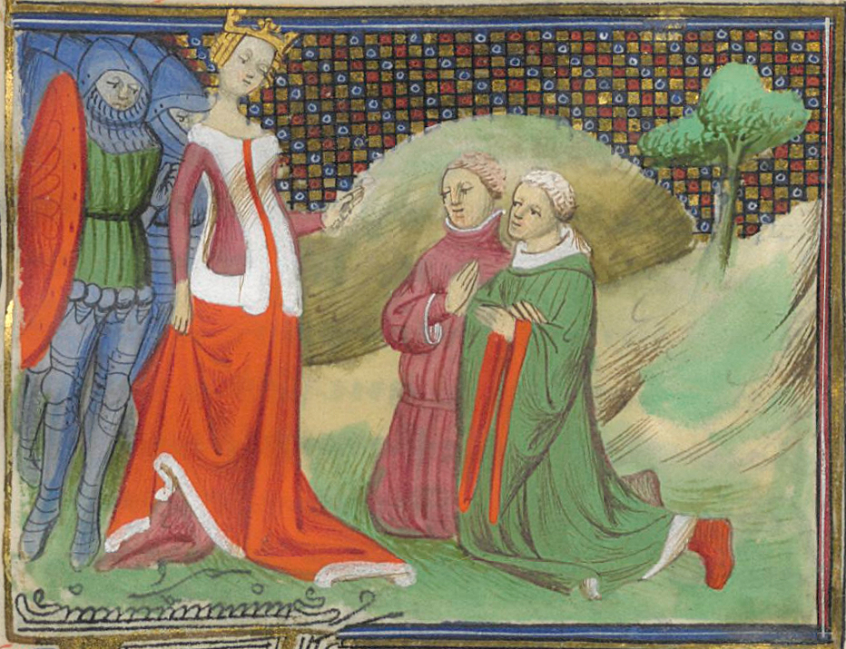 Illuminated manuscript scene from Froissart's Chronicles (BnF, c.1450). A crowned queen in red robes stands attended by a knight in armour; two men in coloured robes kneel before her. The scene depicts Edmund FitzAlan, 2nd Earl of Arundel, and Hugh Despenser before Queen Isabella of France.