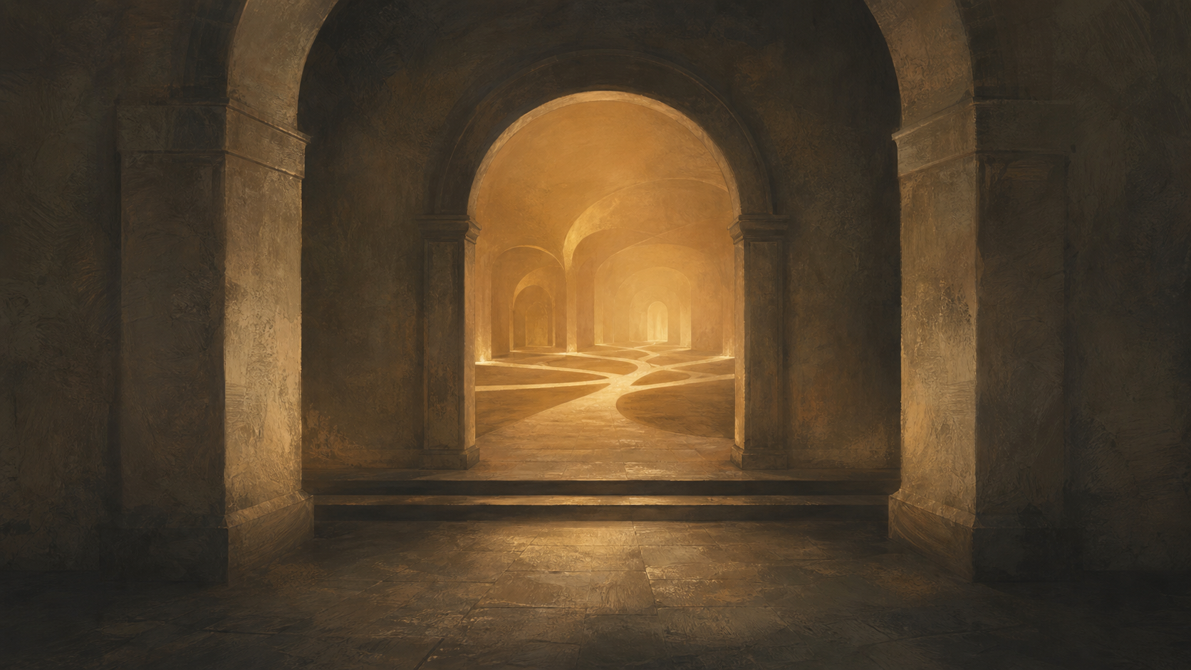 An imagined stone hall opening into warm light and branching paths.