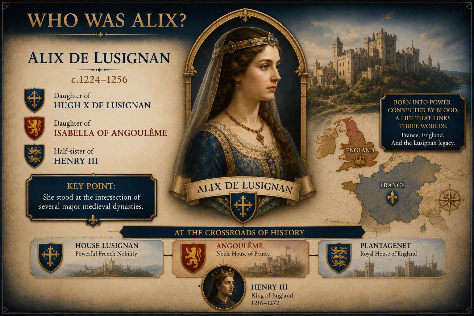 Curator orientation slide: Who Was Alix? Showing Alix de Lusignan c.1224–1256, her parents Hugh X de Lusignan and Isabella of Angoulême, and her connection to Henry III and major medieval dynasties.