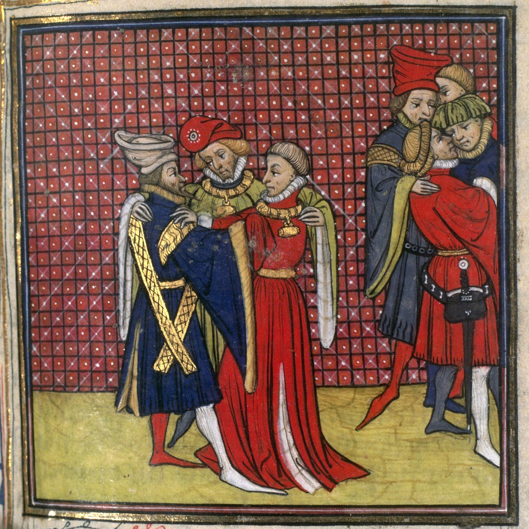 Folio 267 from the Grandes Chroniques de France (BnF MS Français 73), a 14th-century illuminated manuscript. Three nobles in coloured robes confer: Hugh X de Lusignan (centre), Thibaud IV of Champagne (left), and Peter I of Brittany (right).