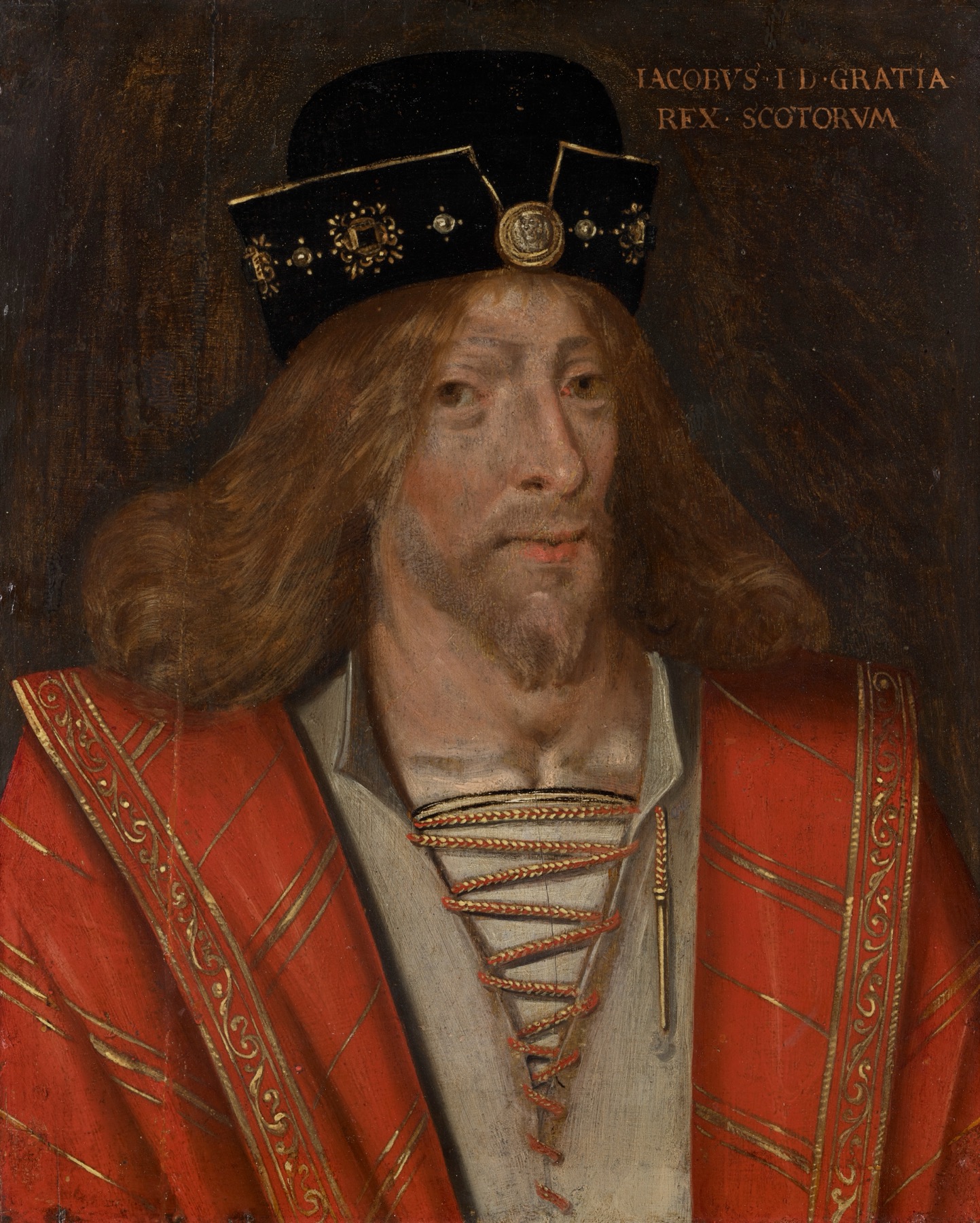 Bust-length oil portrait of James I of Scotland, c.1579. The king is shown wearing a black cap with gold ornaments and a red robe with gold trim. Inscribed "IACOBVS I D GRATIA REX SCOTORVM."
