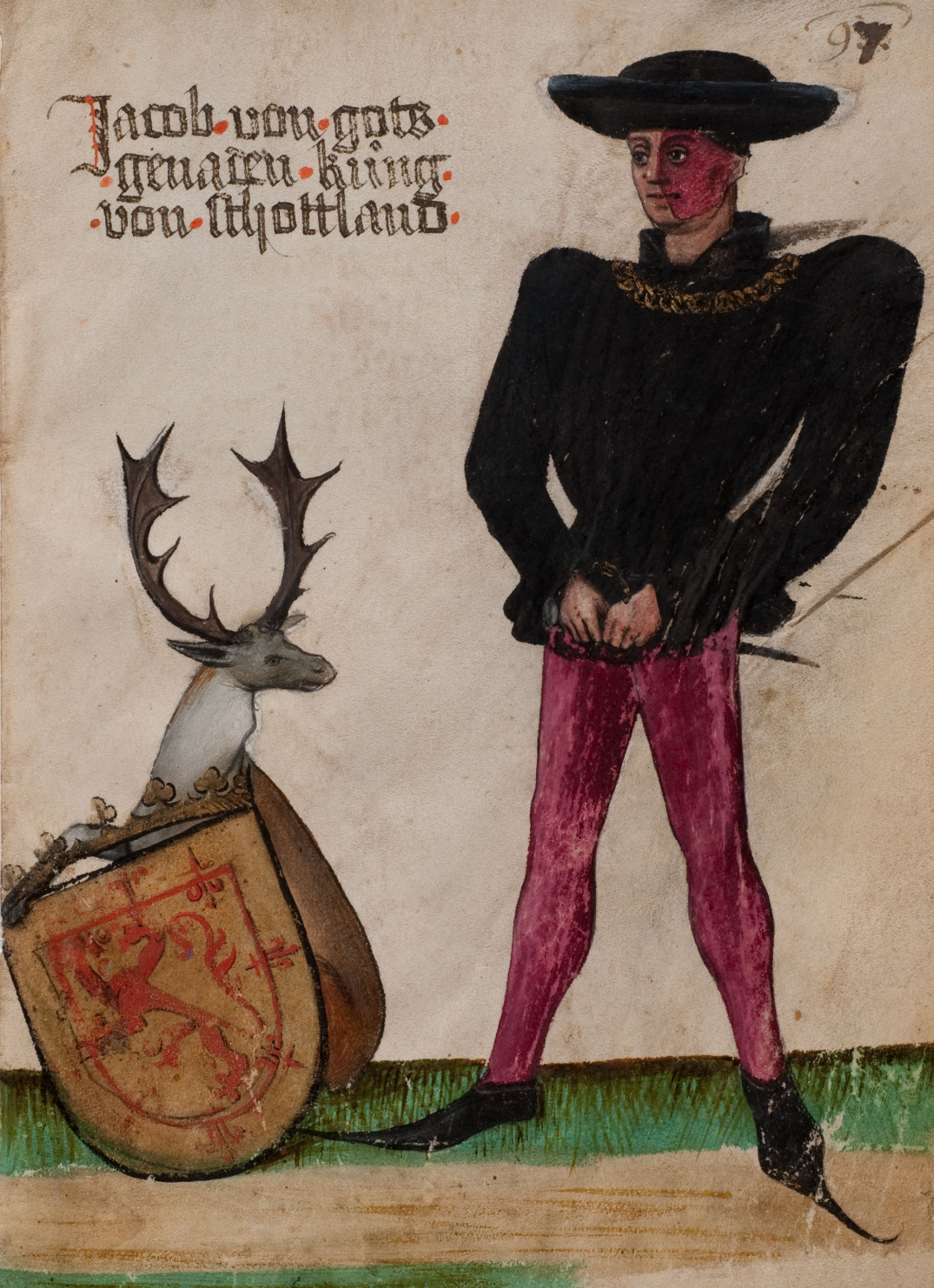Full-length illustration of James II of Scotland from the travel diary of Jörg von Ehingen, c.1450. The king stands in black dress beside his Scottish shield bearing the red lion rampant and a white stag crest. A German inscription identifies him as King of Scotland.