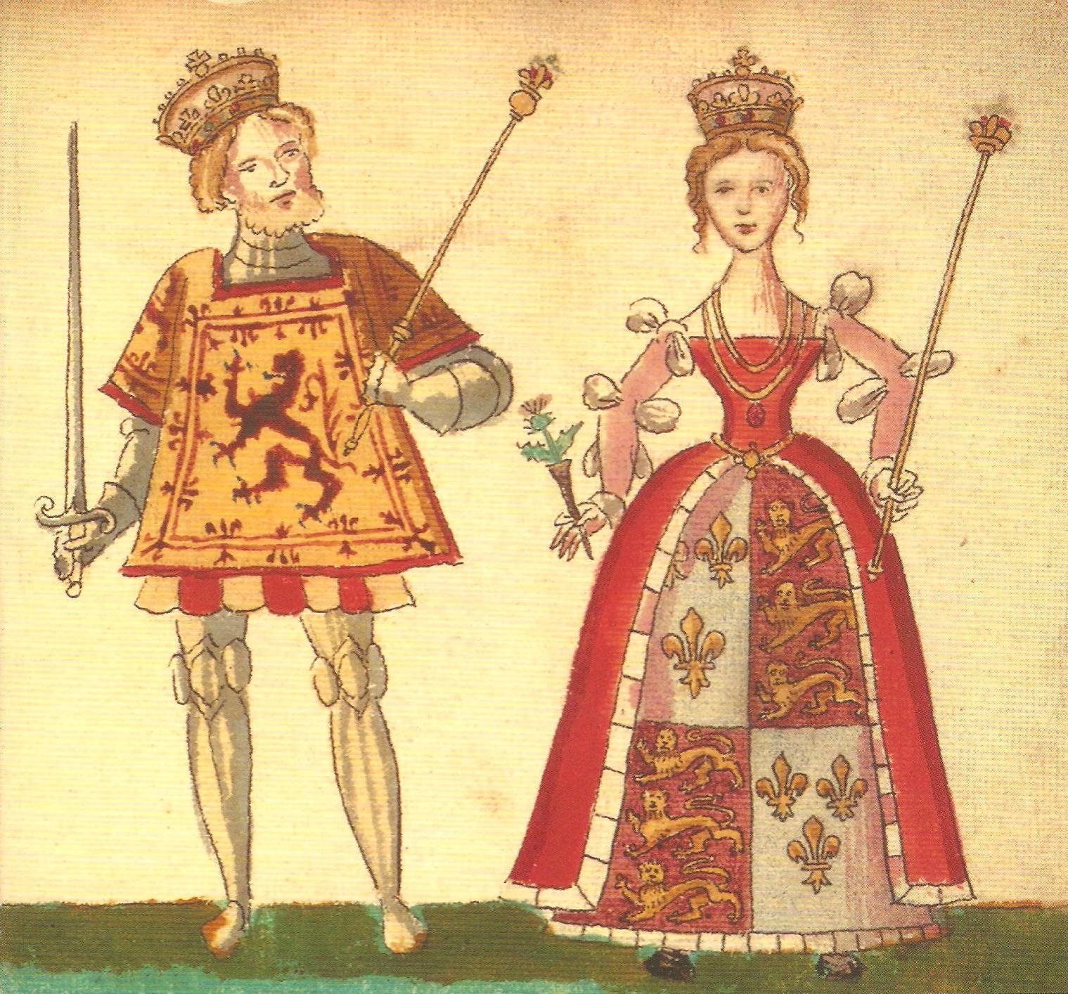 Heraldic illustration of James I of Scotland and Joan Beaufort. James stands at left in armour bearing the Scottish lion rampant, holding a sword and sceptre. Joan stands at right in a dress bearing the English royal arms of lions and fleurs-de-lis, holding a sceptre and thistle.