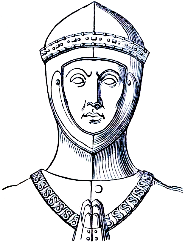 Victorian engraving of the tomb effigy of John Beaufort, 1st Earl of Somerset, at Canterbury Cathedral. A detailed head-and-shoulders drawing shows him in plate armour and a Collar of Esses, eyes closed, hands clasped in prayer.