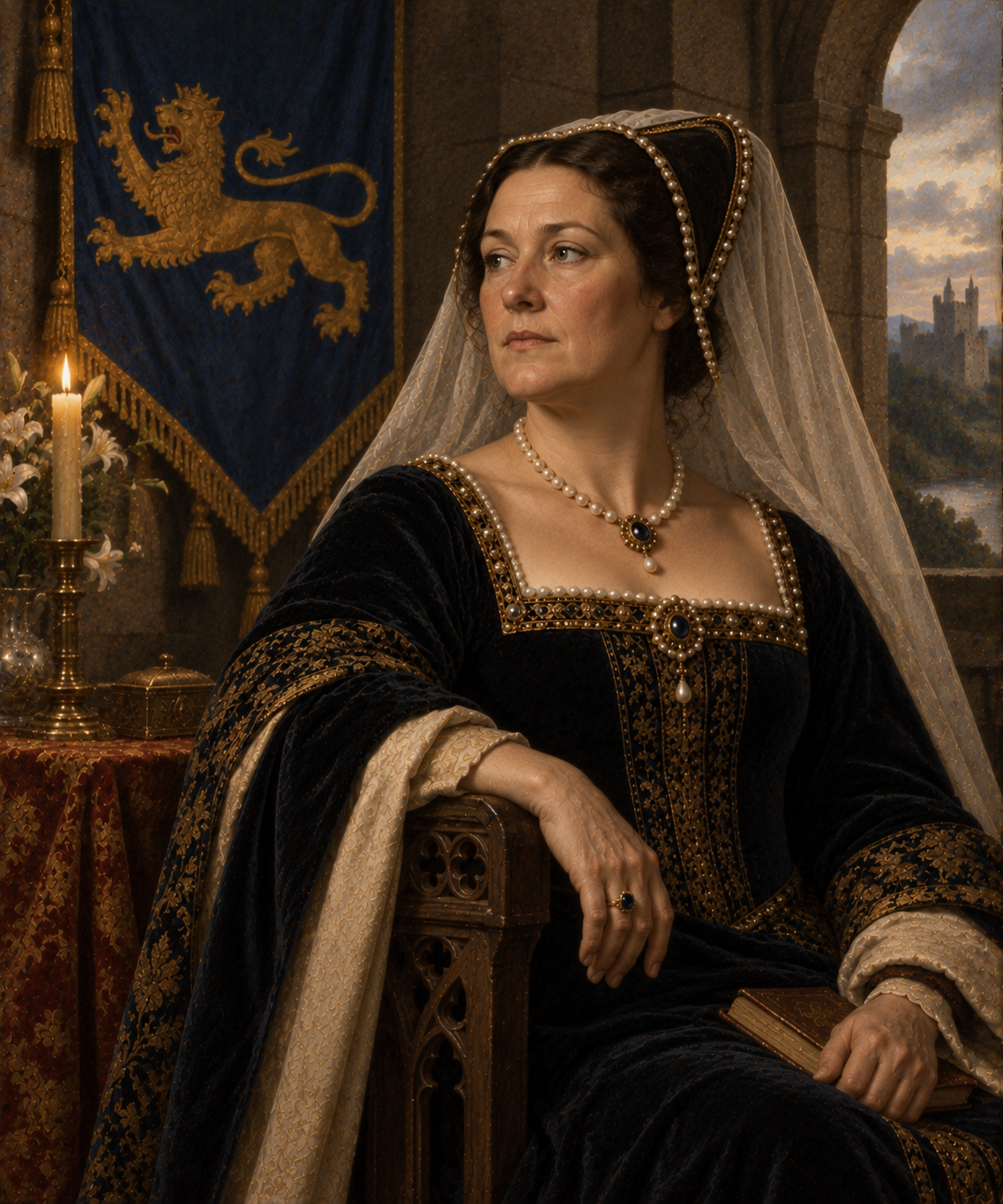 Portrait of Margaret Holland, shown in the manner of a medieval noblewoman. Painted in the style of an old master, depicting a woman in period dress against a dark background.