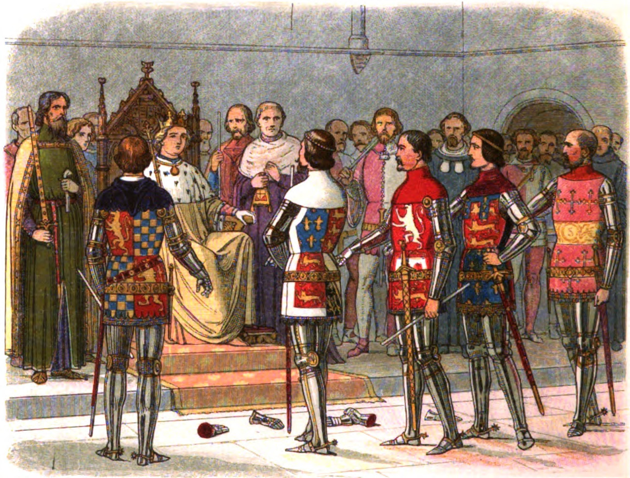 Victorian historical illustration from A Chronicle of England (1864). Five armoured lords in heraldic surcoats stand before a seated king. Richard FitzAlan, 4th Earl of Arundel, is among the lords — identified by the white lion on red of the Arundel arms.