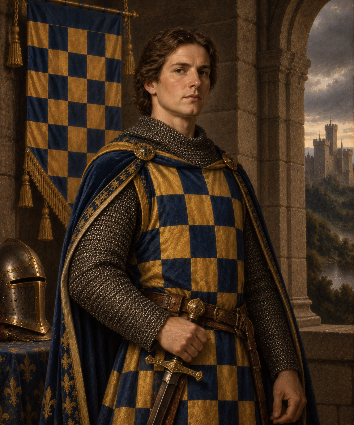 Portrait of William de Warenne, a young nobleman in chain mail and a surcoat bearing the de Warenne checkerboard arms — gold and blue checky. He stands sword in hand before a stone arch, with the de Warenne banner and a castle in the background.